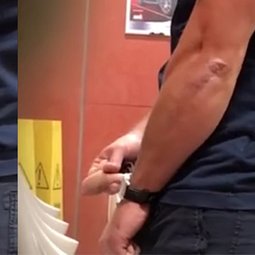 Spy on a hung dude taking a pee at the urinals | Daily Dudes @ Dude Dump